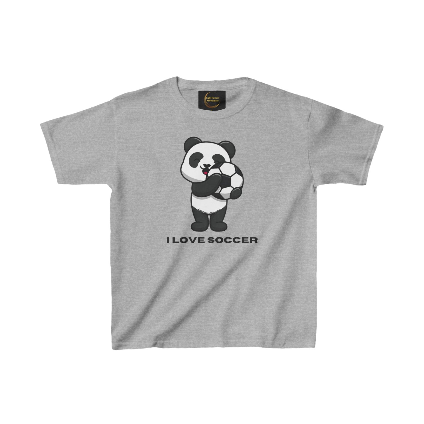 Teams Panda I Love Soccer Youth T-shirt featuring a cartoon panda holding a soccer ball, made from 100% midweight cotton with a ribbed knit collar.