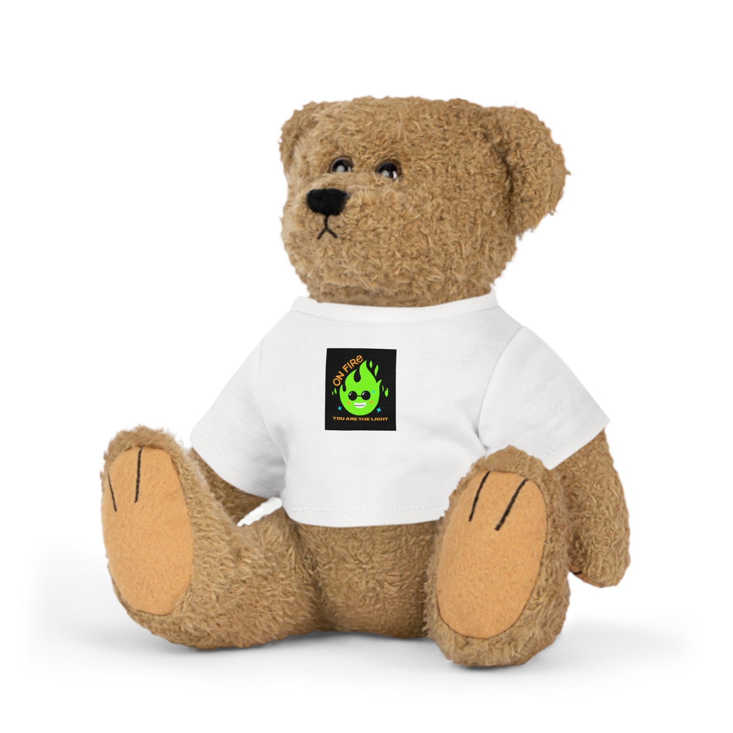 Plush Toy Bear Stuffie wearing a white shirt featuring 'On Fire You are the Light', ideal for kids, with removable t-shirt for easy care.