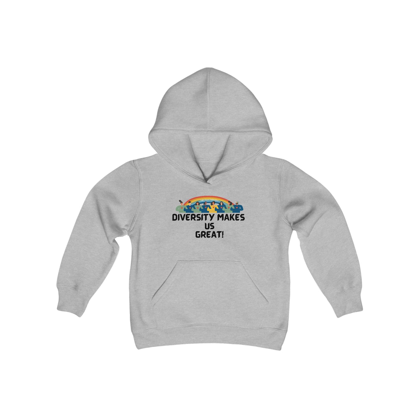 A grey youth blend hooded sweatshirt with a logo, kangaroo pocket, and twill taping. Made of soft, preshrunk fleece (50% cotton, 50% polyester). Regular fit, 7.75 oz fabric.