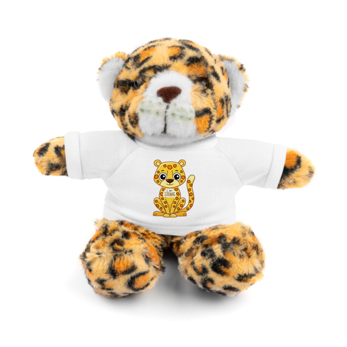 Jaguar Stuffie, an 8 plush toy, wears a t-shirt with a I am Strong jaguar design, perfect for children aged 3 and up.