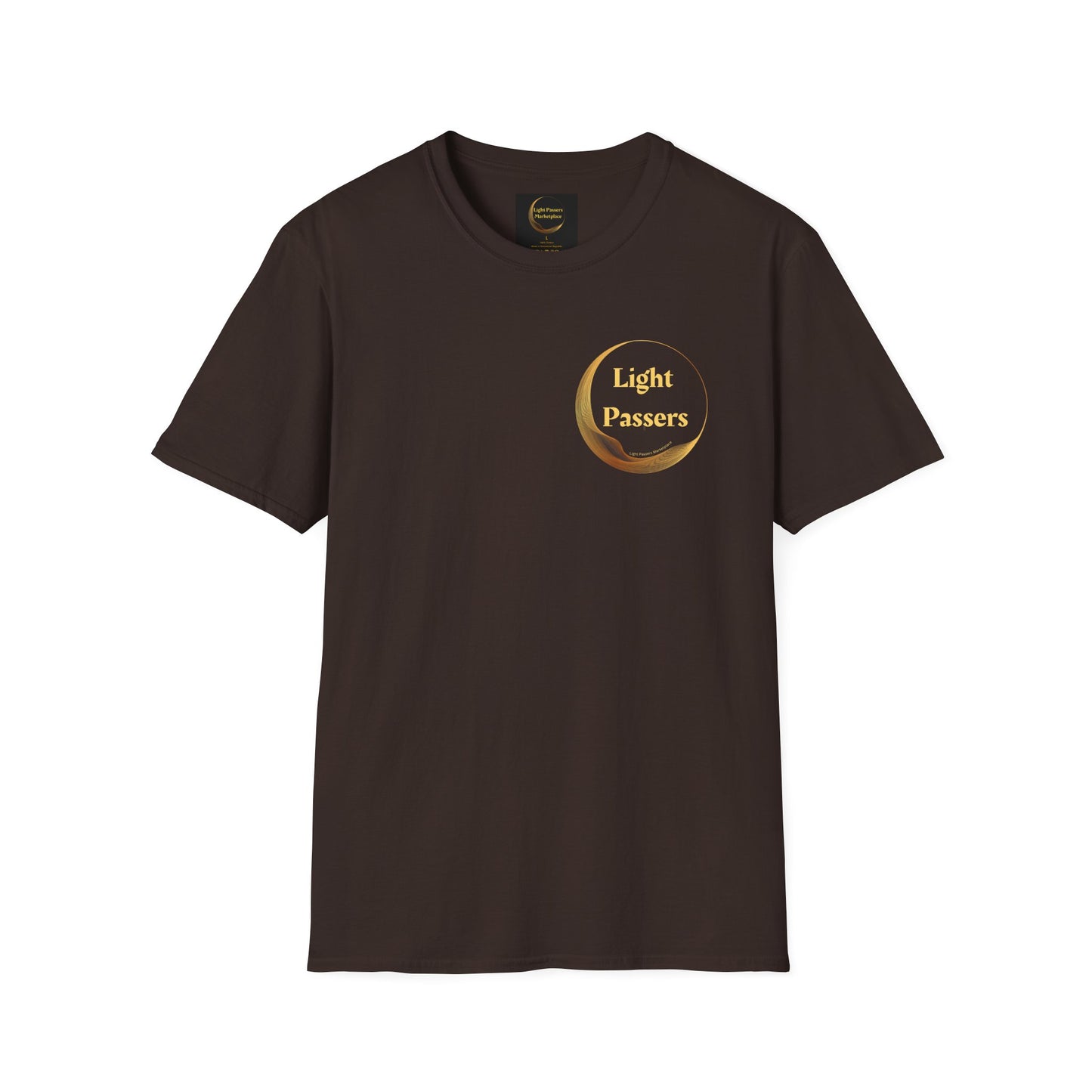 A brown unisex t-shirt featuring a logo on the front, with a smooth surface for vivid printing, no side seams, and tape on shoulders for durability.