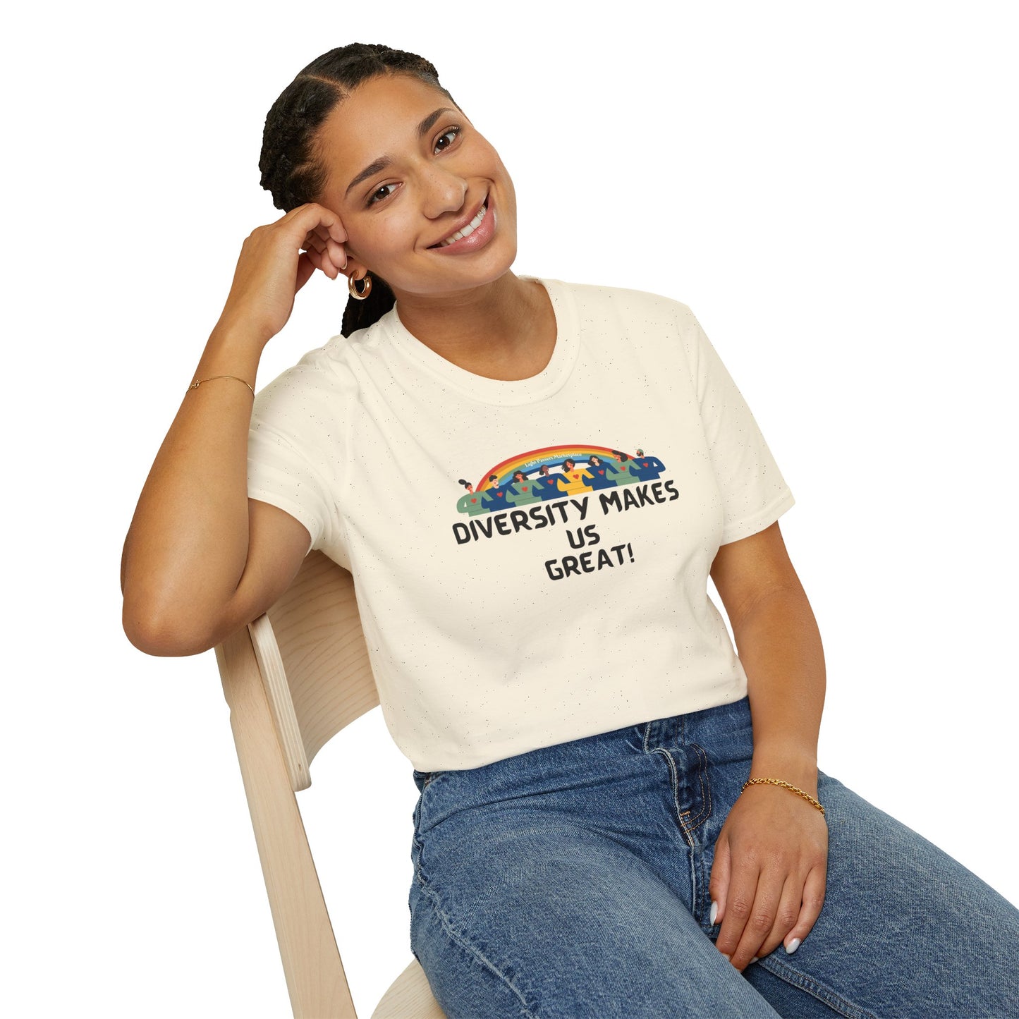 A smiling woman in a white shirt and blue jeans sits on a chair. Unisex heavy cotton tee with smooth surface for vivid printing, no side seams, and tape on shoulders for durability.