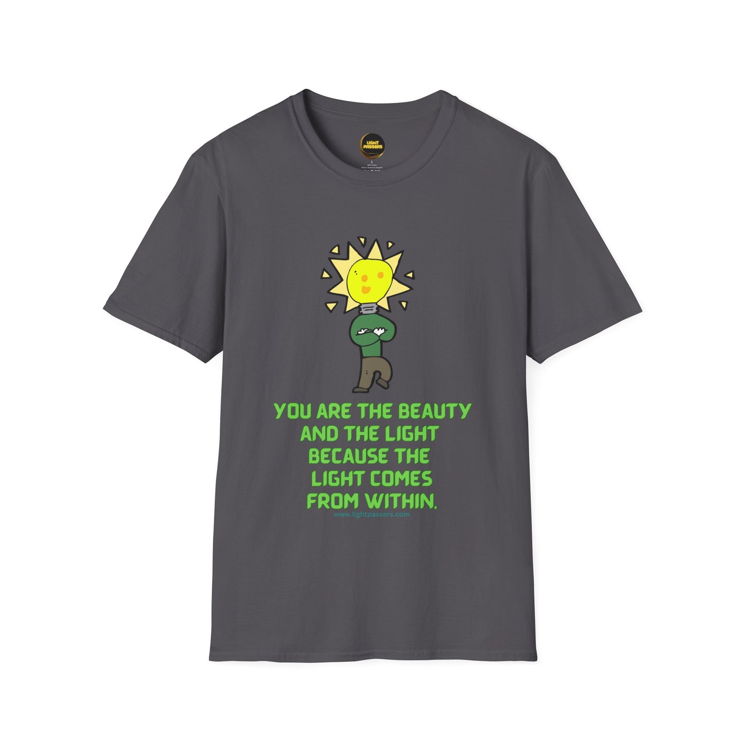 The Light Beauty and The Light Adult Unisex T-Shirt featuring a cartoon light bulb and motivational green text, crafted from soft cotton for casual wear.