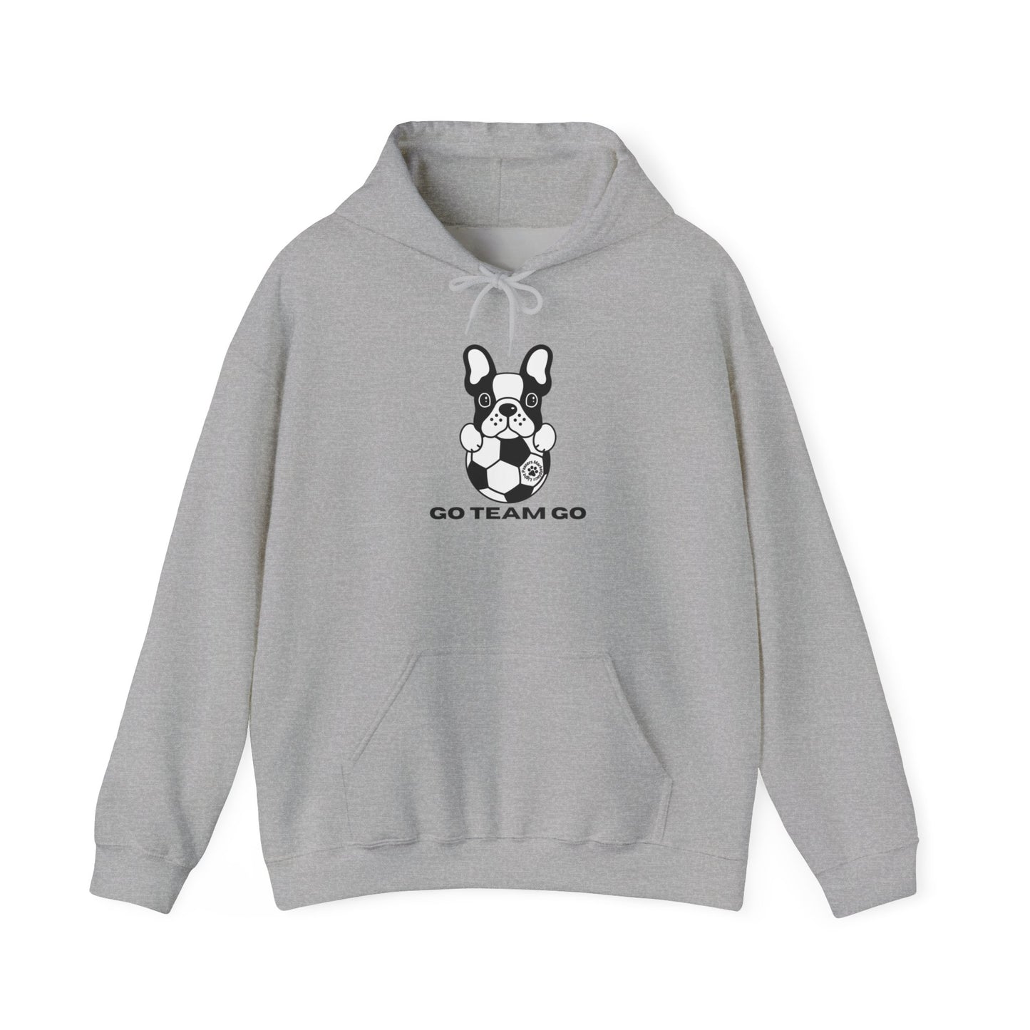 Teams Soccer Dog Adult Unisex Hoodie featuring a black and white dog with a football on a grey sweatshirt, spacious kangaroo pocket, and color-matched drawstring.