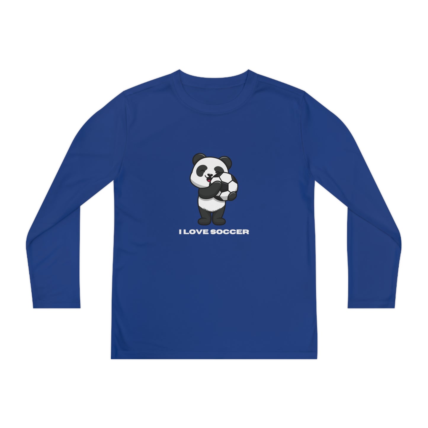 Youth Long Sleeve - Panda Says I Love Soccer, featuring a panda holding a football, ideal for young soccer fans with moisture-wicking polyester fabric.