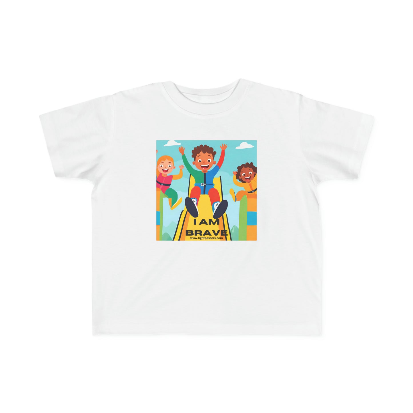 Toddler T-shirt featuring I am Brave on slide cartoon characters. Soft, 100% combed cotton with durable print. Light fabric, tear-away label, classic fit. Ideal for sensitive skin.