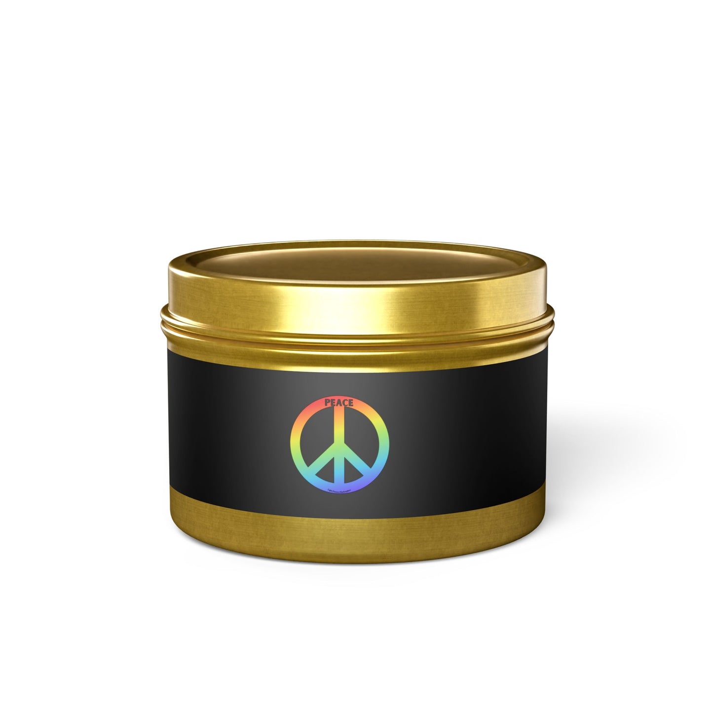 Tin Candle - Peaceful Relaxation Aroma: Gold container with black label, eco-friendly coconut soy wax, reusable tin, ideal for creating a soothing atmosphere.