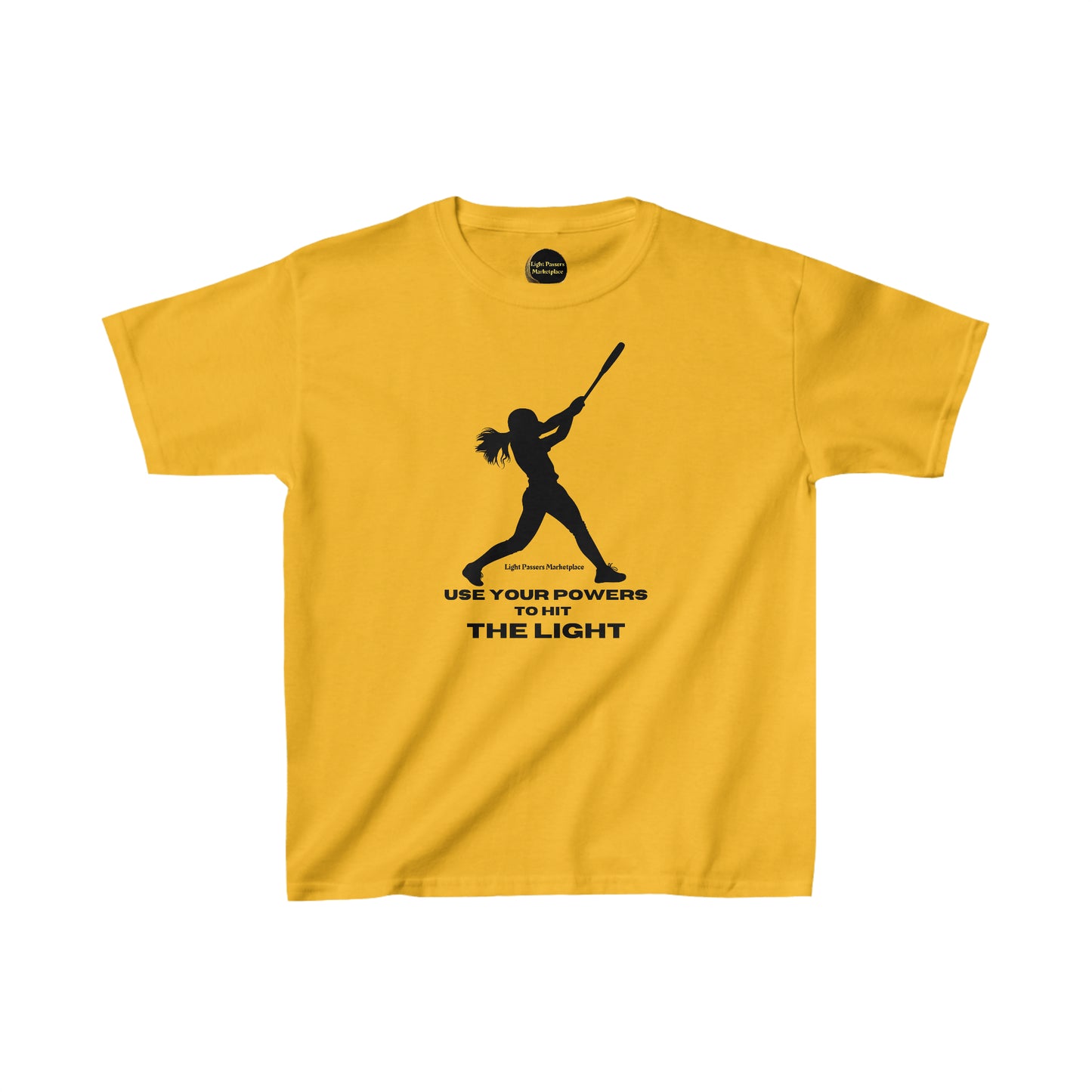 Youth yellow t-shirt featuring a black silhouette of a girl swinging a bat. Made of 100% cotton with twill tape shoulders for durability. Ethically sourced US cotton. Classic fit with tear-away labels for comfort.