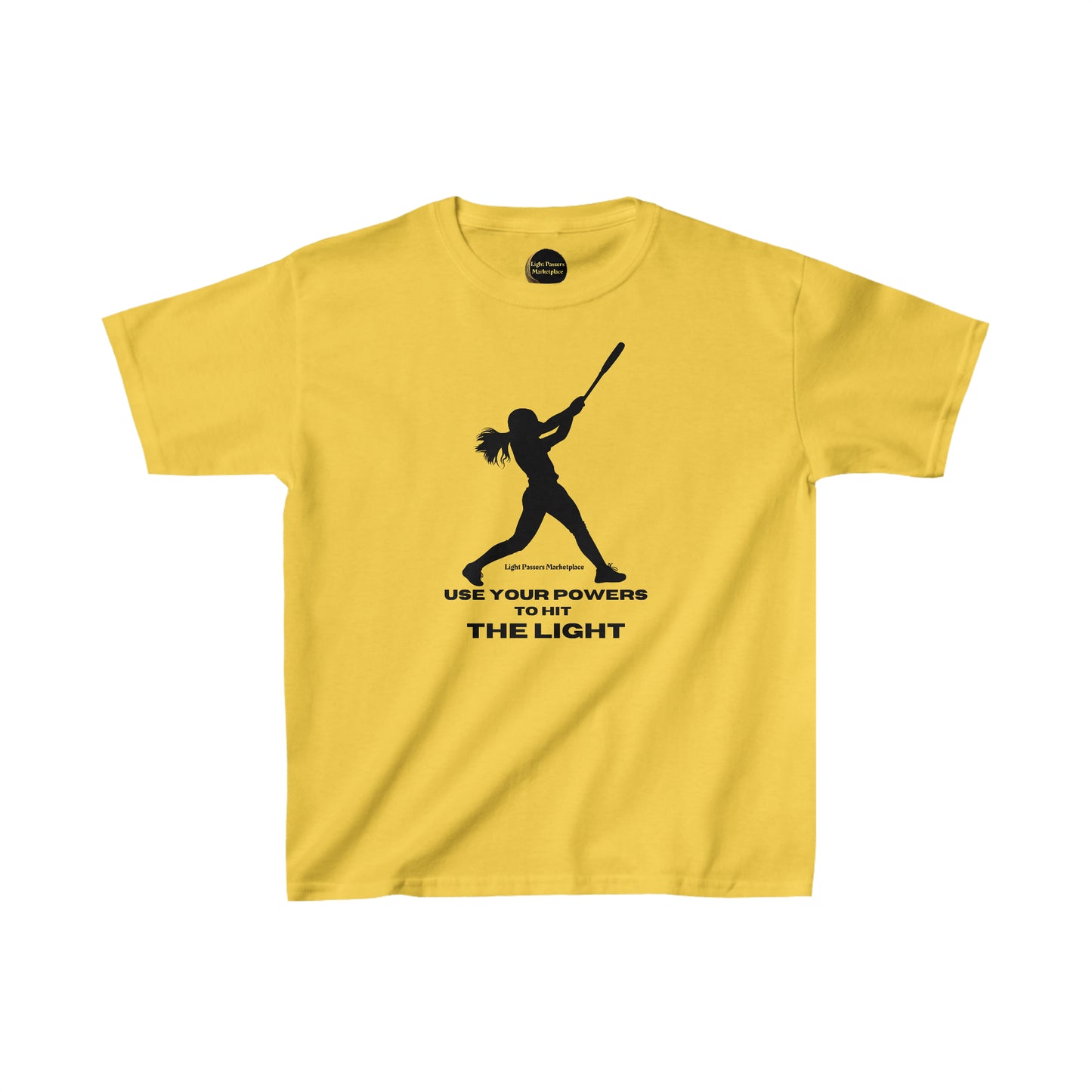 Youth heavy cotton tee featuring a black silhouette of a girl swinging a bat. 100% US cotton, ribbed collar, twill-taped shoulders, and tear-away labels for comfort. Ethically made with Oeko-Tex certification.