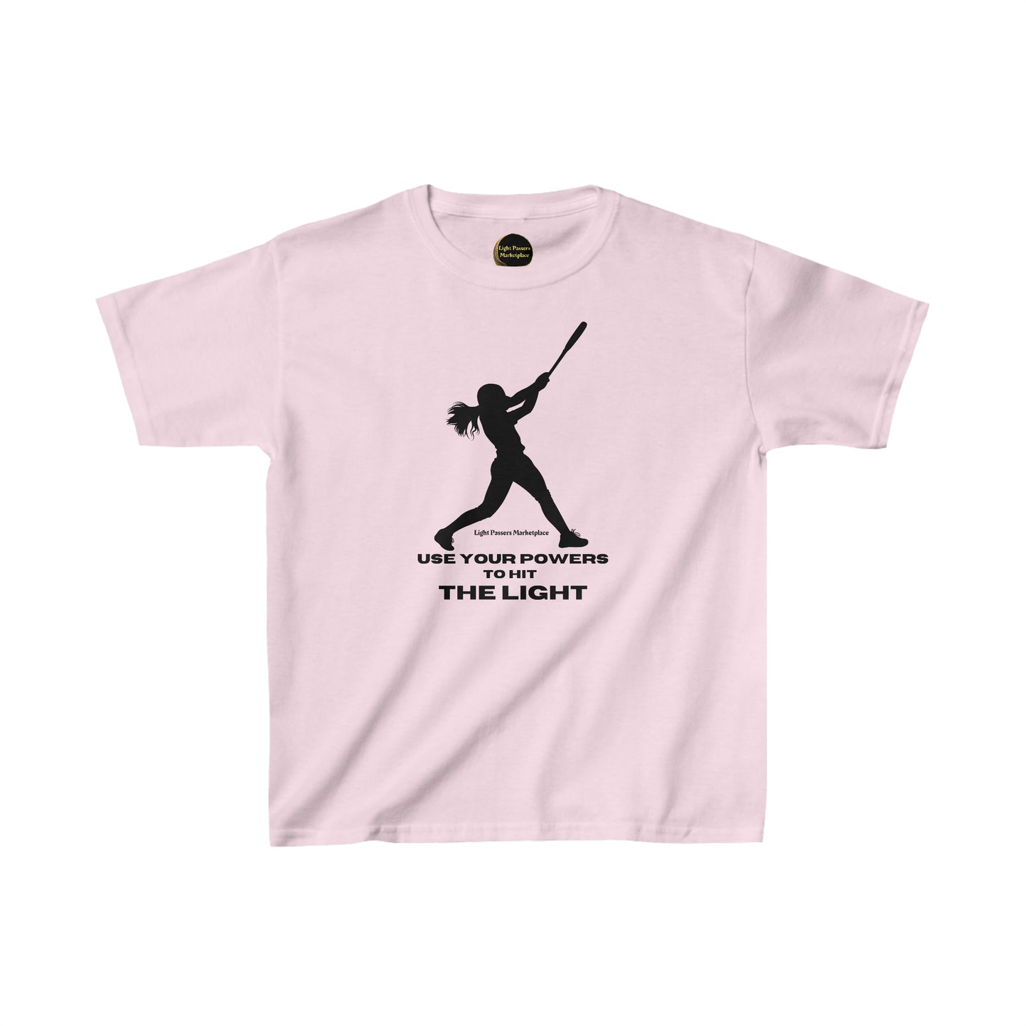 Youth pink t-shirt featuring a girl swinging a bat graphic. Made of 100% cotton, with twill tape shoulders for durability and ribbed collar for curl resistance. Ethically sourced US cotton.