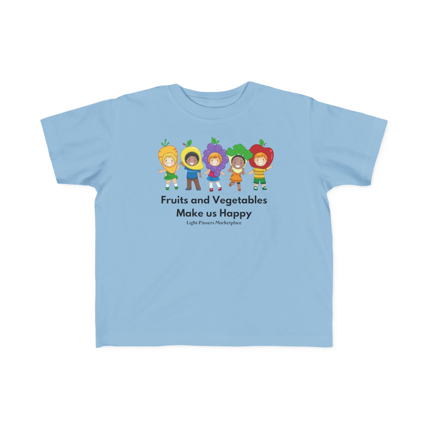 A toddler's blue t-shirt featuring cartoon characters like fruits and vegetables. Made of soft, 100% combed cotton, light fabric, tear-away label, and a classic fit. Ideal for sensitive skin.