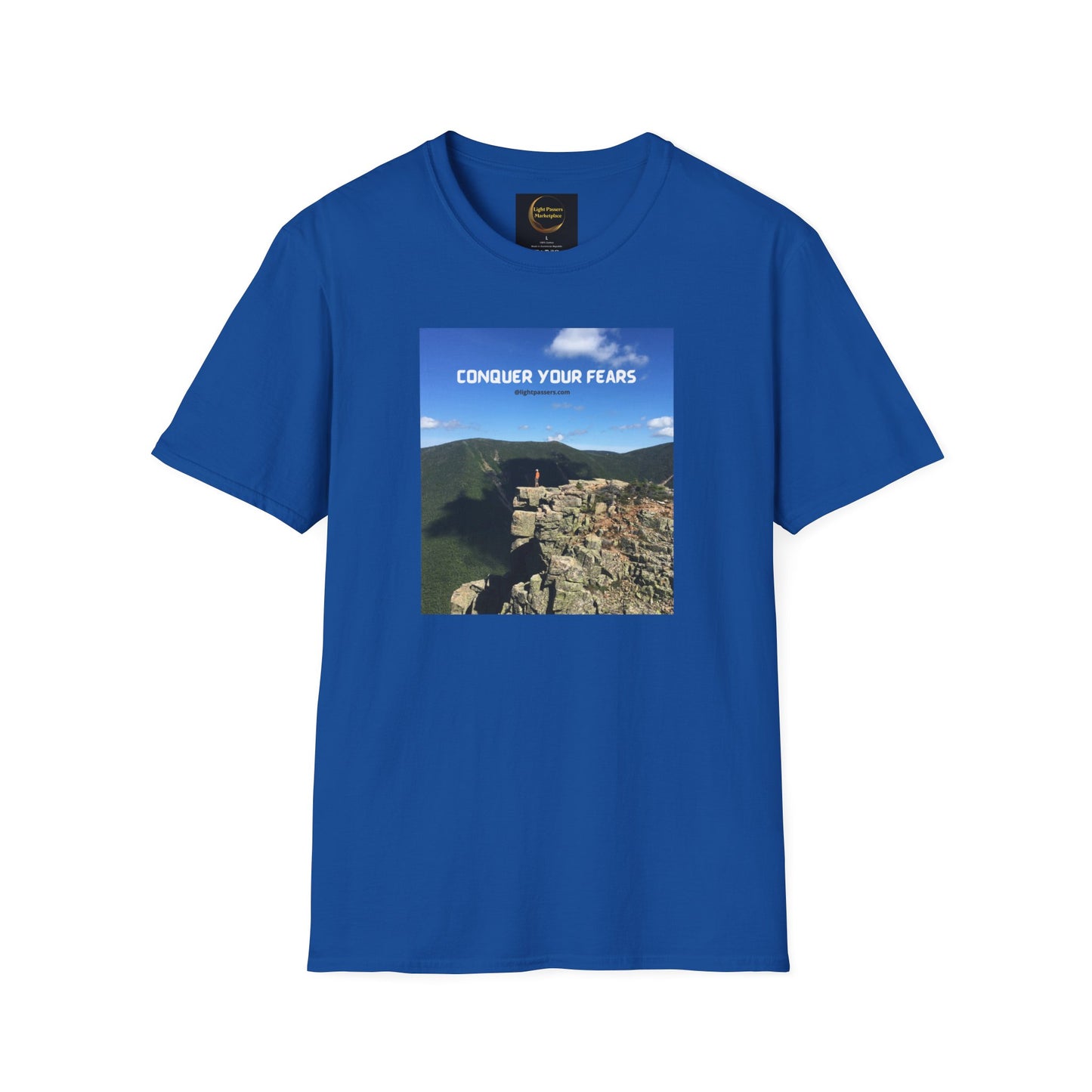 Unisex heavy cotton tee featuring a picture of a person on a cliff. Ideal for casual wear, with smooth surface for vivid printing. No side seams for comfort. Conquer Your Fears Hiking design.