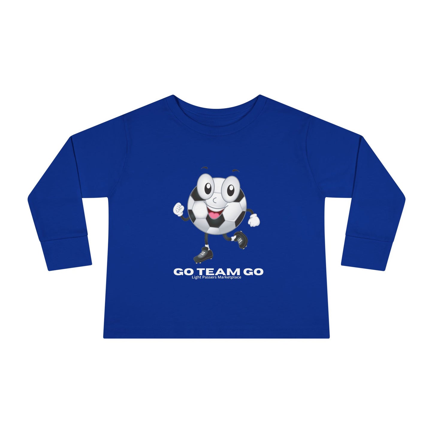 Soccer Ball Guy Toddler Long Sleeve with cartoon soccer ball character, featuring ribbed cuffs and collar, perfect for young sports enthusiasts and game days.
