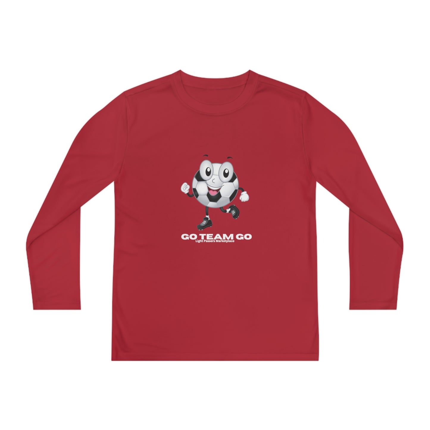 Teams Youth Long Sleeve Soccer Ball Guy shirt featuring a cartoon soccer ball character, perfect for young sports fans with a sporty, energetic vibe.