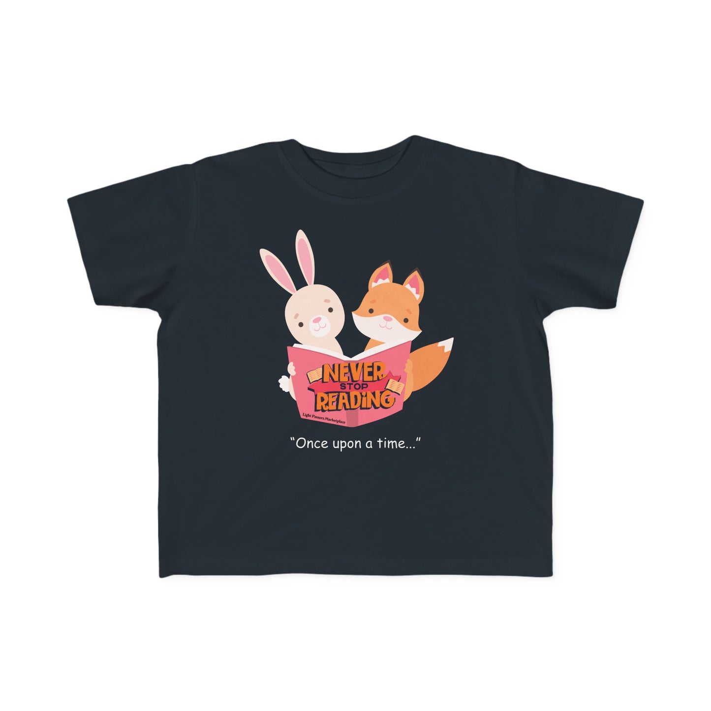 A toddler's tee featuring cartoon animals reading a book, including a fox and rabbit. Made of 100% soft, durable cotton with a high-quality print. Ideal for little bookworms.