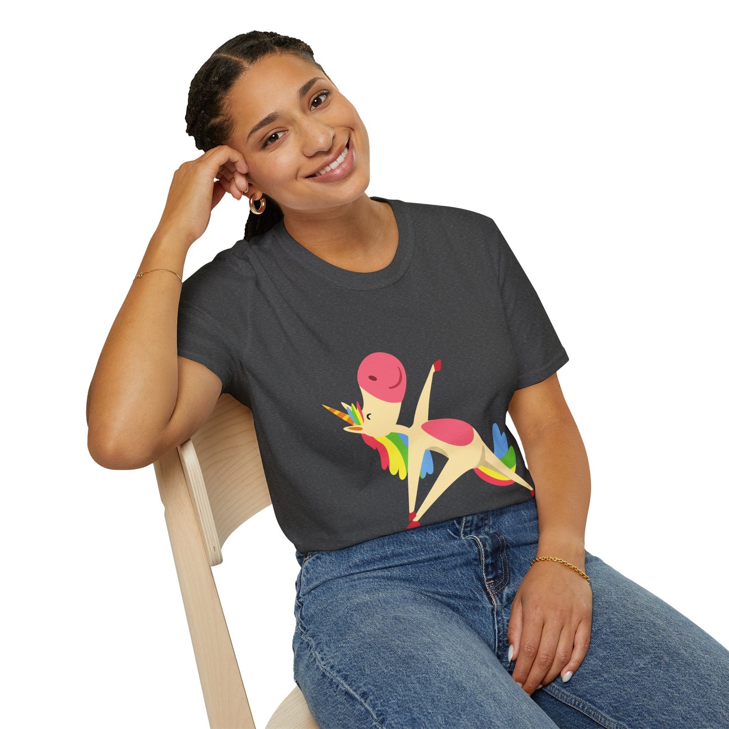 A woman smiling in a Unicorn Stretch Yoga Unisex T-Shirt, showcasing a unicorn graphic. Made of soft 100% cotton, featuring twill tape shoulders for durability and a ribbed collar.