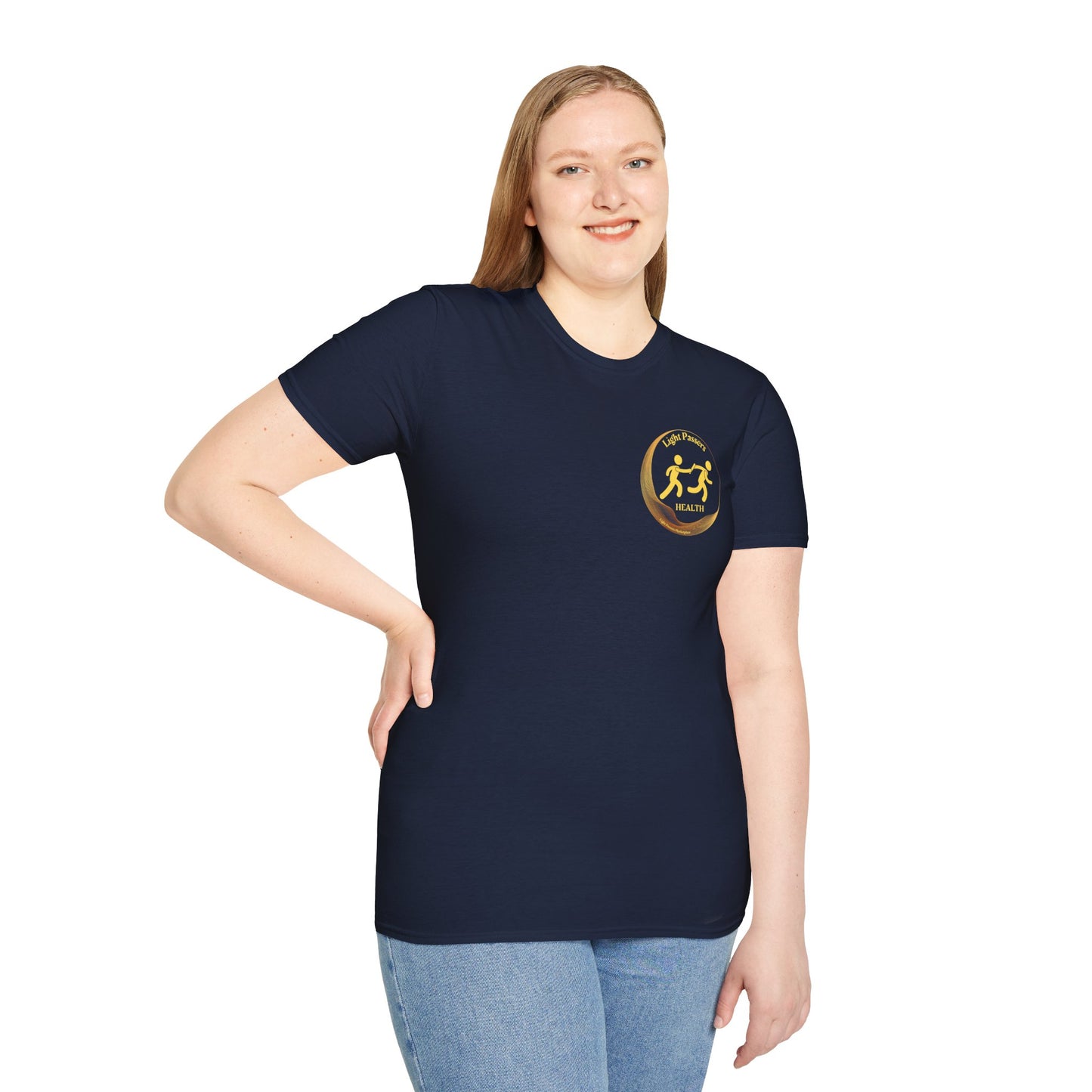 A woman in a blue shirt smiles, showcasing the Light Passers Relay Health small Logo Unisex T-Shirt. The image features a close-up of blue jeans and a logo with yellow figures.