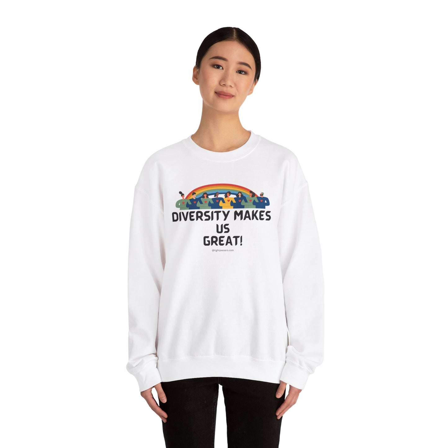A diverse group of people in a white sweatshirt featuring a rainbow and figures, embodying comfort and durability. Made from a blend of polyester and cotton for a cozy, stylish crewneck sweatshirt.