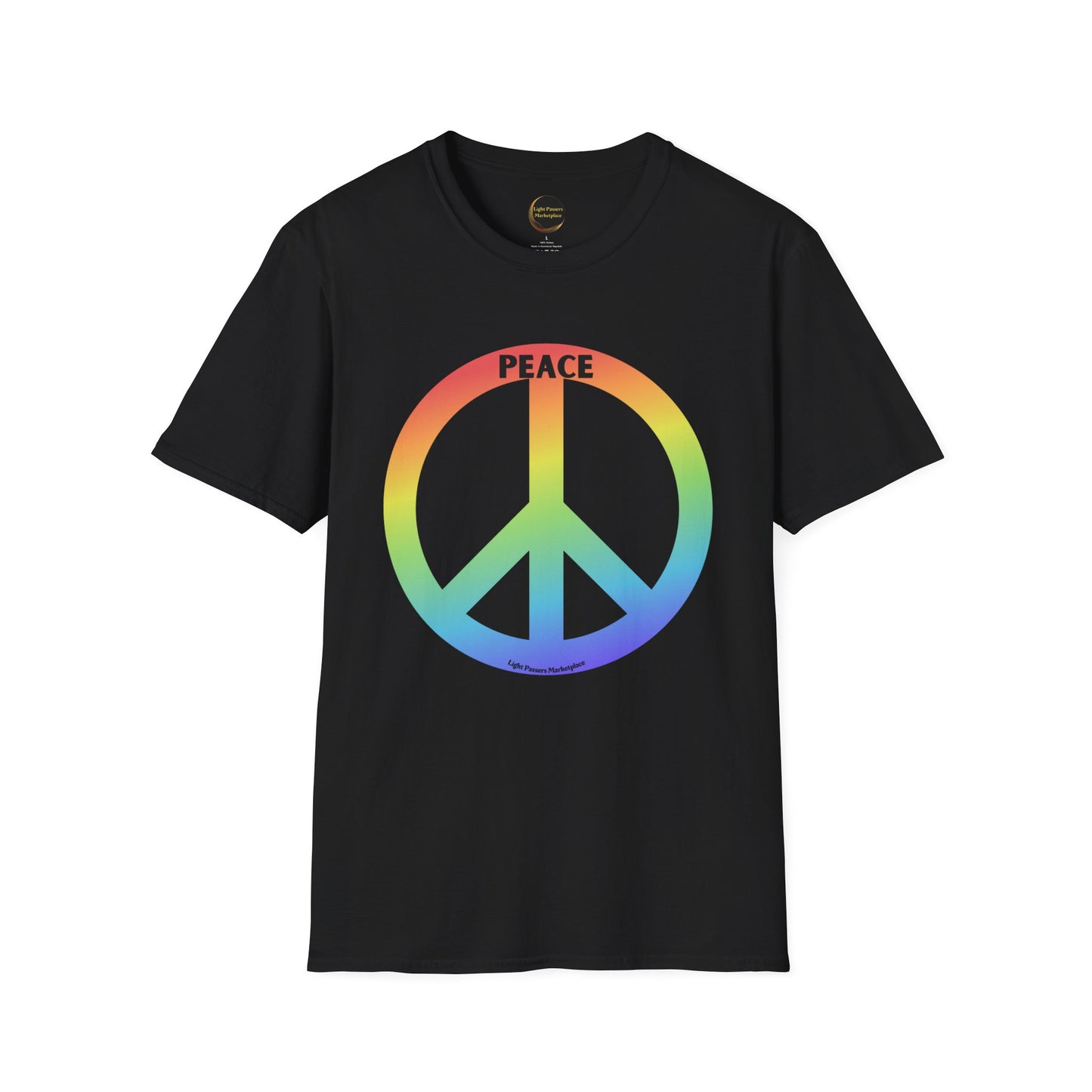 A black shirt featuring a rainbow peace sign symbolizes unity and harmony. Unisex soft-style tee made of 100% ring-spun cotton for comfort and durability.