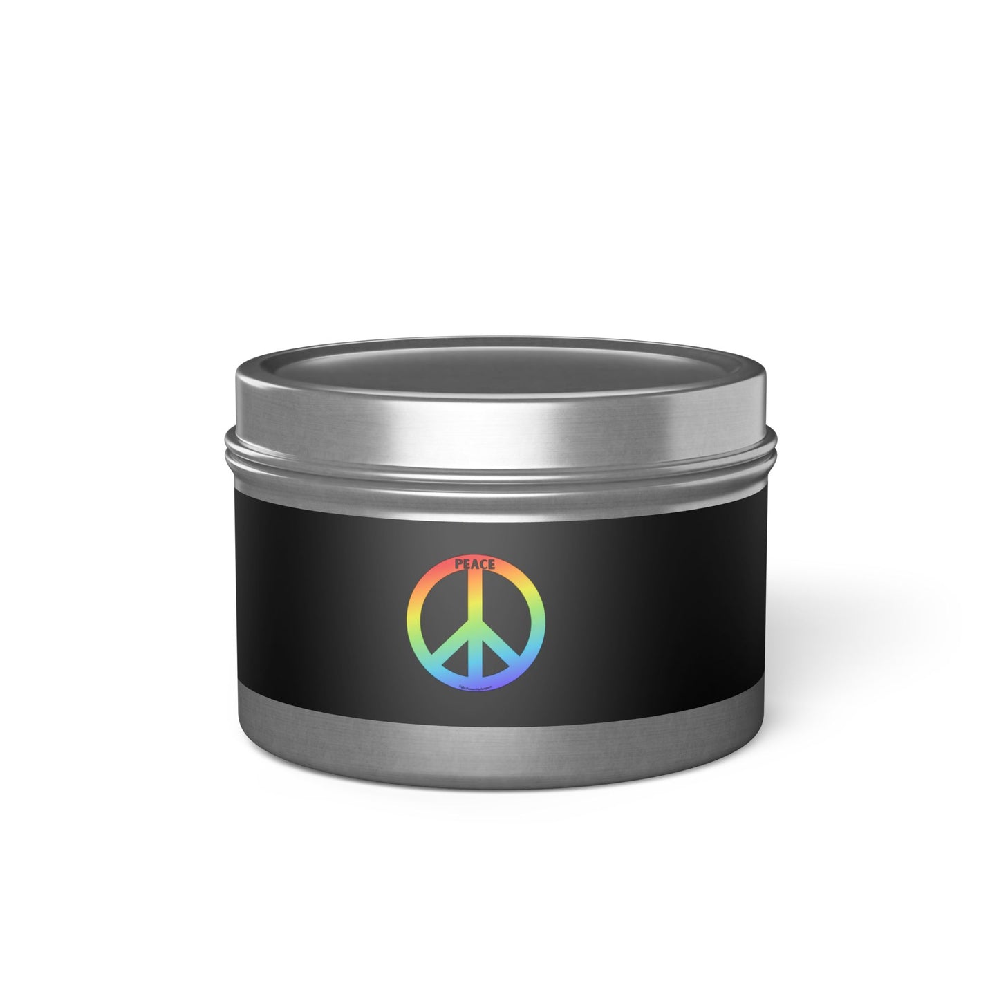 Tin Candle - Peaceful Relaxation Aroma featuring a round metal container with a black label and rainbow peace sign, ideal for creating a soothing atmosphere.