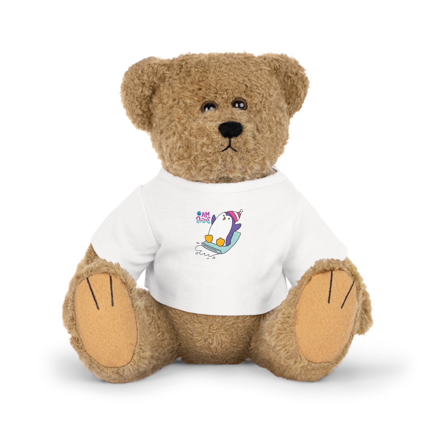 Cool Stuff Stuffies teddy bear with 'I am Brave' Penguin design on white shirt, perfect for comfort. Features removable shirt, durable polyester fabric.
