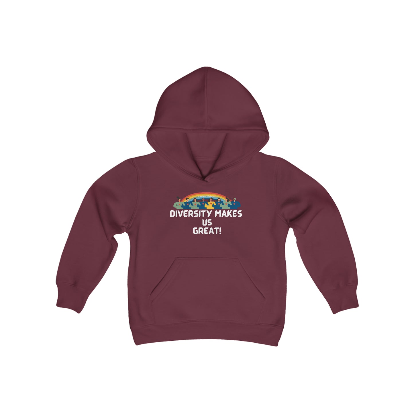 Youth hooded sweatshirt with kangaroo pocket, twill taping, and soft fleece fabric. Features white text on maroon. 50% cotton, 50% polyester blend. Great for printing.