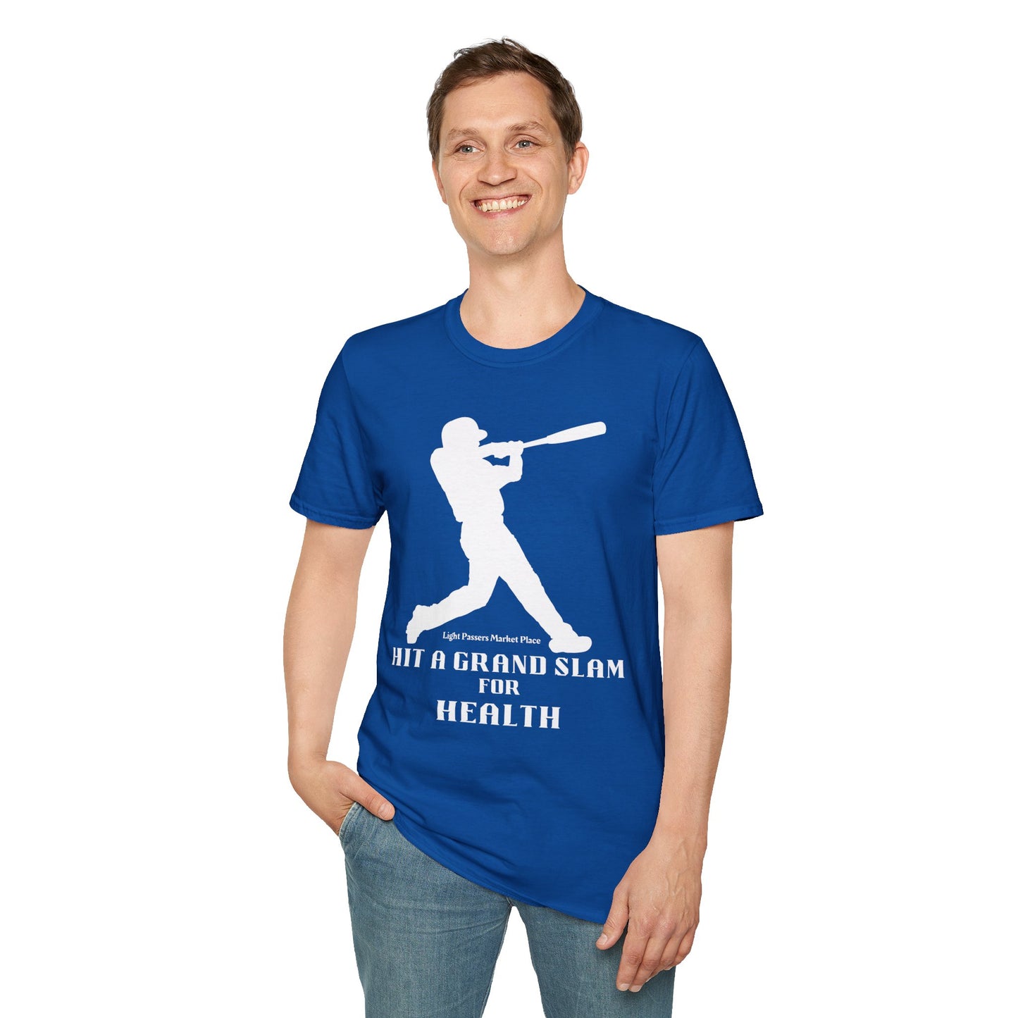 A person in a blue Grand Slam For Health unisex t-shirt, swinging a baseball bat, showcasing the shirt's soft 100% cotton fabric and durable twill tape shoulders.