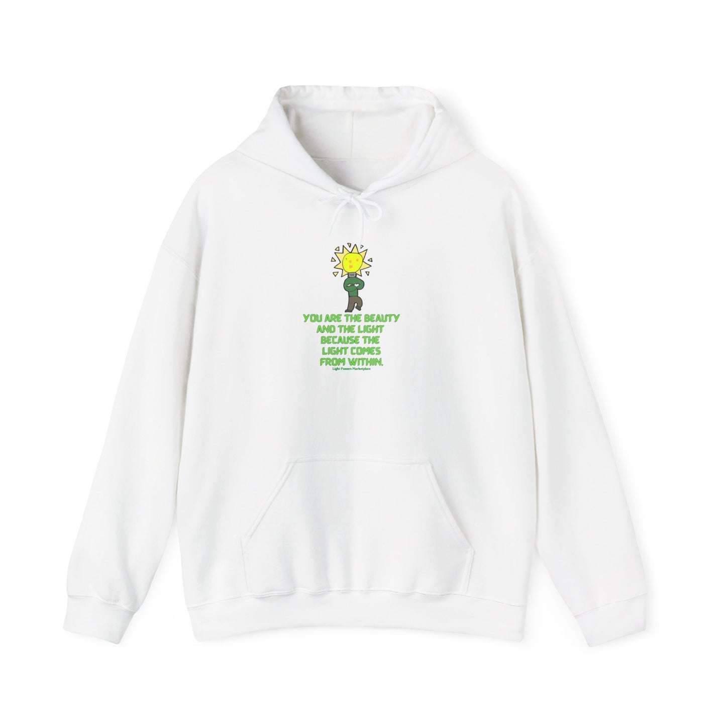 The Light You are the Beauty Flower Adult Unisex Hoodie features a cartoon character, spacious kangaroo pocket, and color-matched drawstring on a plush white sweatshirt.
