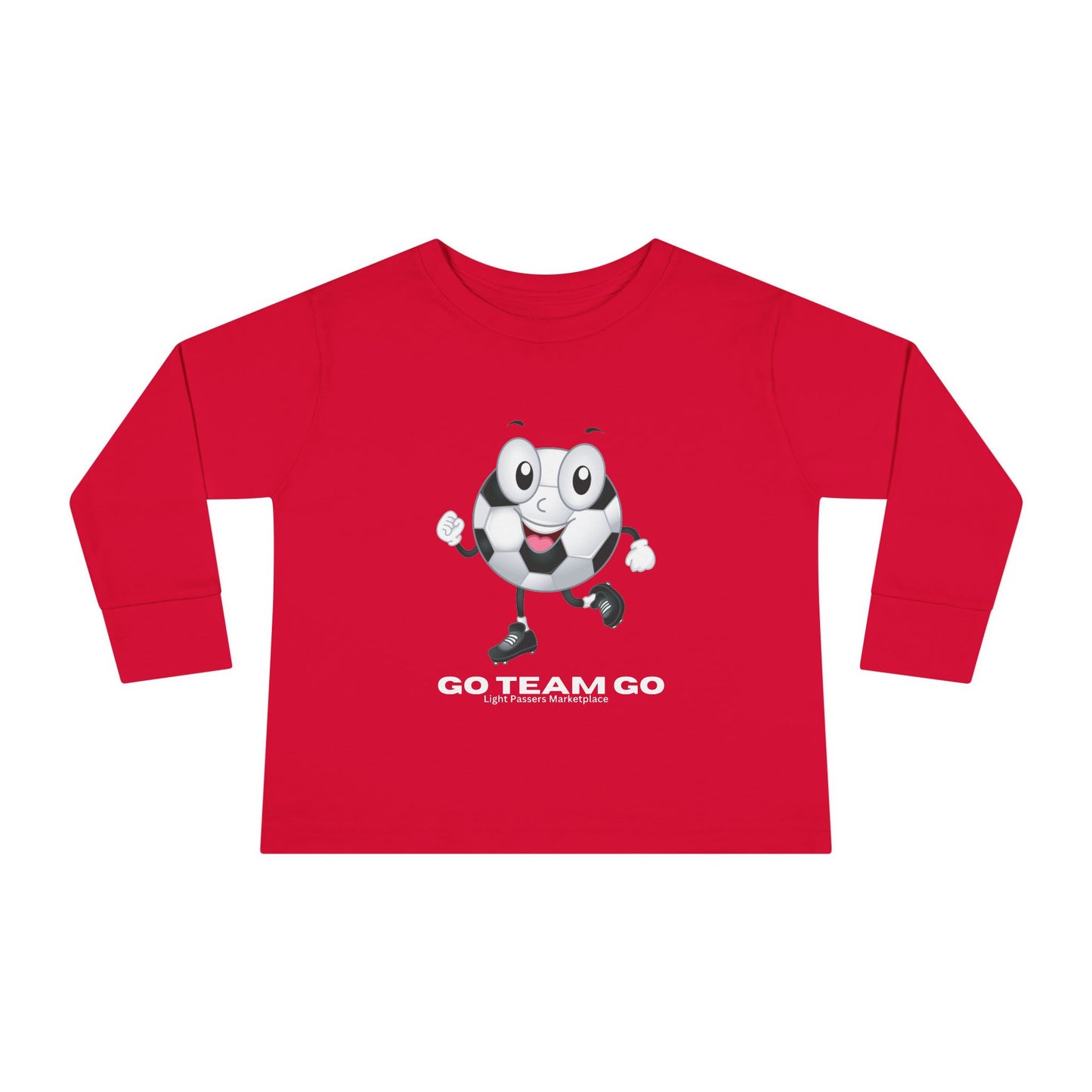 Soccer Ball Guy Toddler Long Sleeve featuring a cartoon soccer ball character, ideal for young sports enthusiasts, perfect for casual wear and game days.