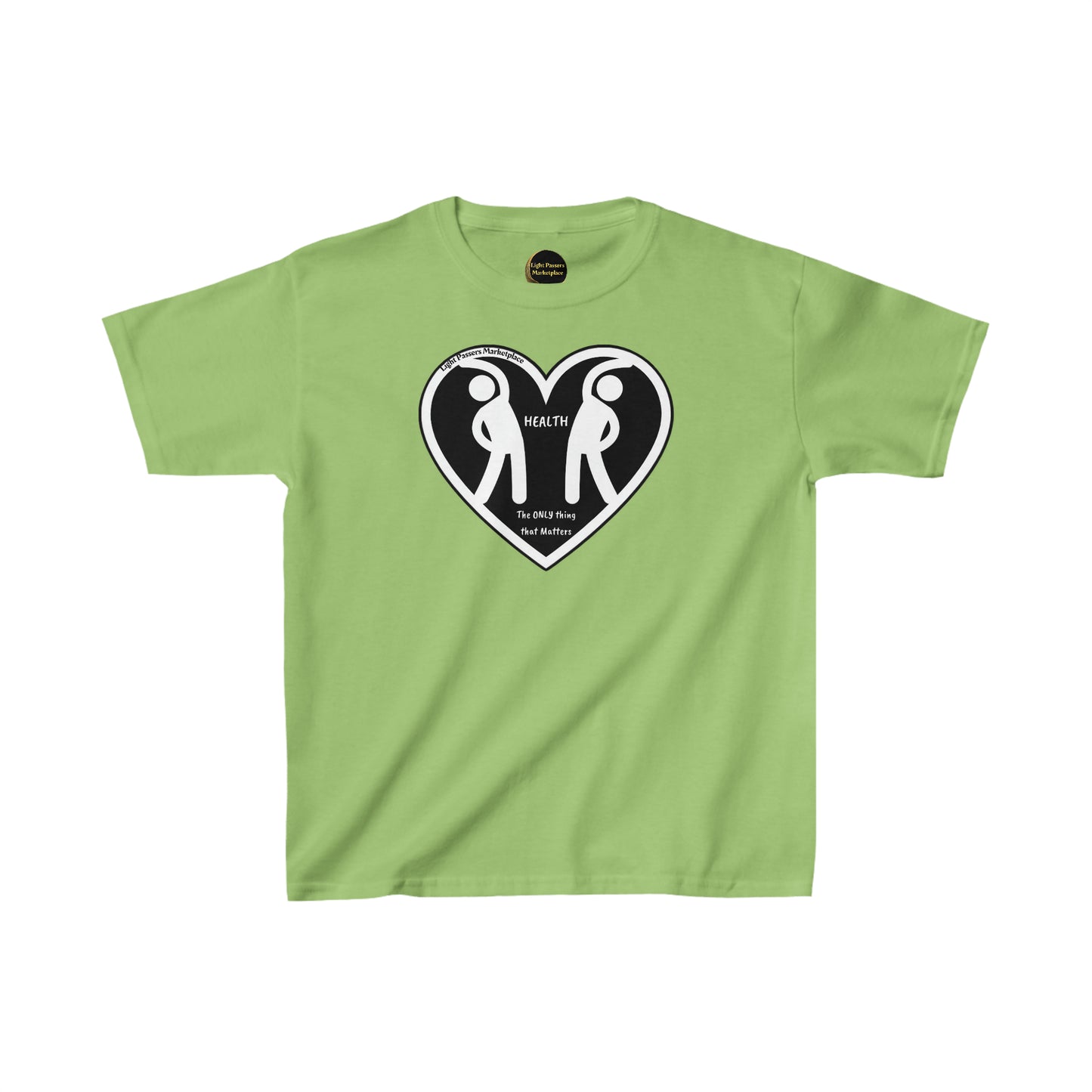 Two Figures Stretch Youth T-shirts: Green tee with heart and people design. 100% cotton for solid colors, twill tape shoulders, curl-resistant collar, no side seams. Ethically made with US cotton.