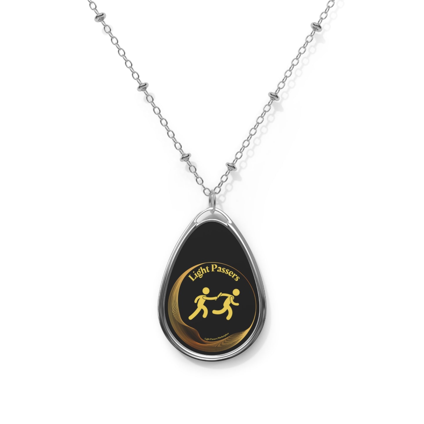 Cool Stuff Accessories Light Passers Relay Logo Necklace featuring a black and gold ellipse-shaped pendant on a 20.47-inch chain, promoting kindness and positivity.