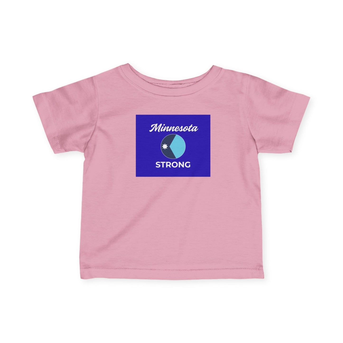Light-pink infant tee with Minnesota Strong in blue and white, featuring a lake-and-sun graphic, embodying resilience and comfort from Light Passers Marketplace.
