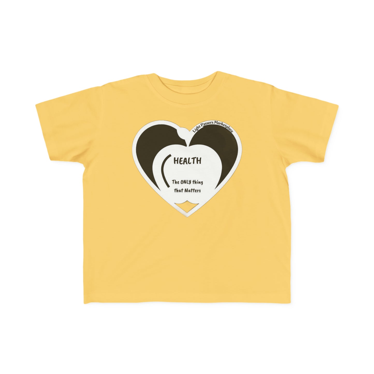 A yellow toddler t-shirt featuring a heart and text design. Made of 100% combed cotton, light fabric, with a durable print. Perfect for sensitive skin, classic fit, tear-away label, true to size.
