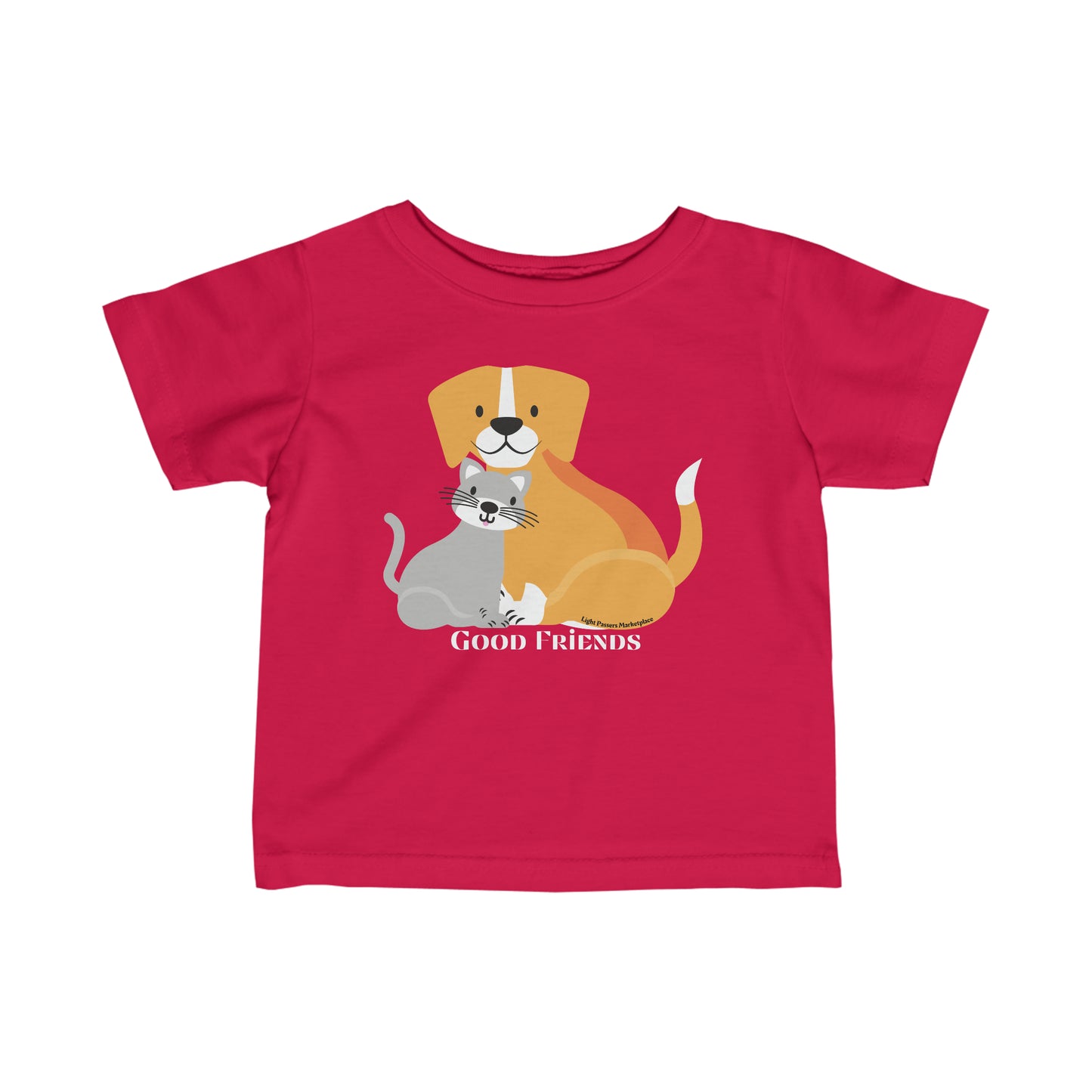 A baby T-shirt featuring cartoon cat and dog friends, designed for comfort and durability. Side seams, ribbed knitting, and taped shoulders ensure a classic fit for young ones.