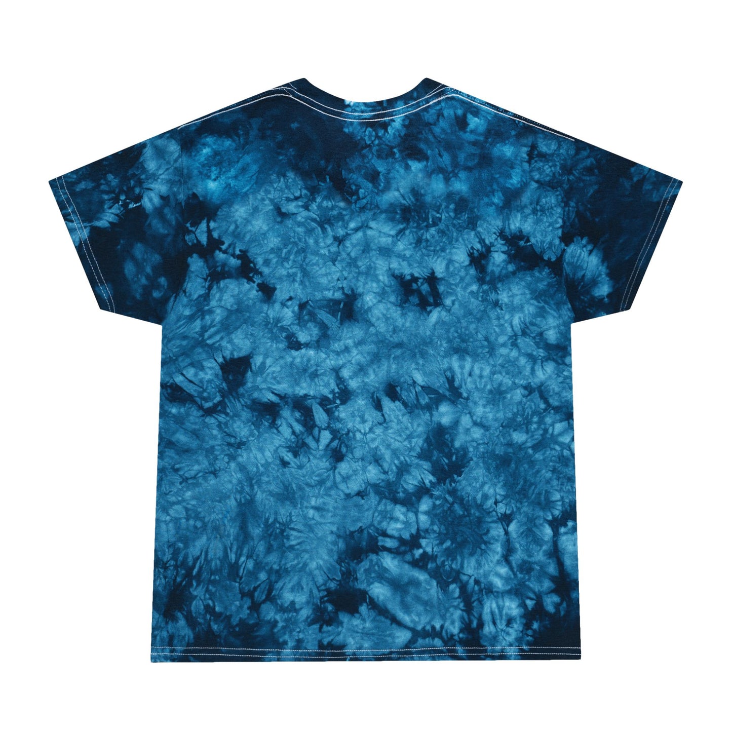 Back view of the Tie-Dye Tee Crystal Peace Sign 60s 70s Inspired T-Shirt with blue tie-dye pattern and white seam stitching, embodying a retro peace message.