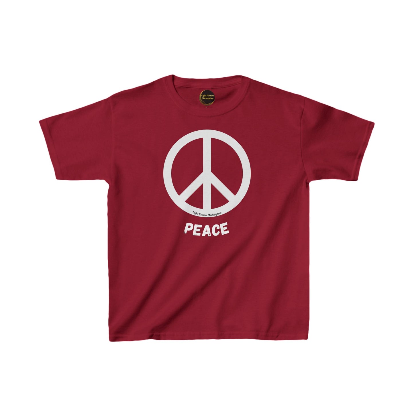 Youth T-shirt featuring a prominent peace sign on the front, crafted from soft, durable US cotton, ideal for everyday wear and comfort.