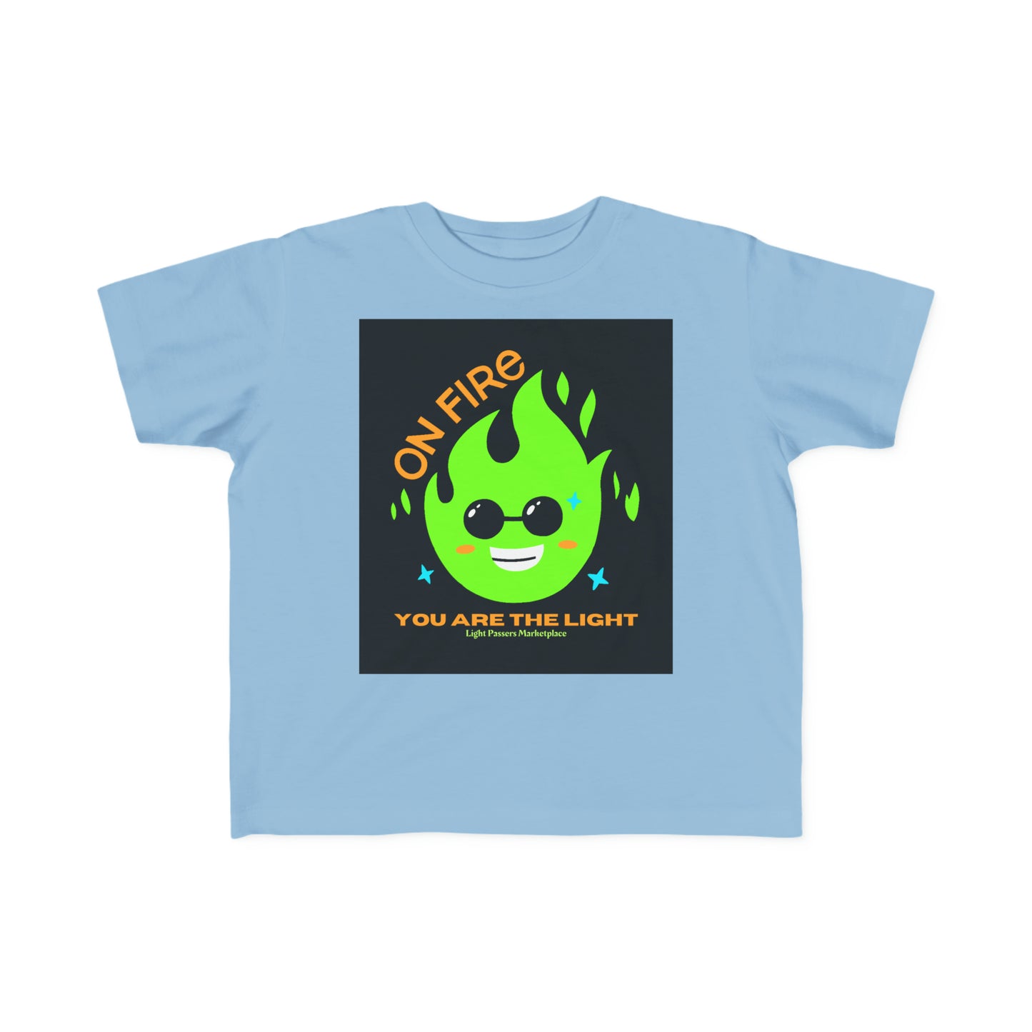 Toddler t-shirt featuring a green flame design with sunglasses and text, and a cartoon character, made of soft 100% combed cotton. Durable print, tear-away label, classic fit.