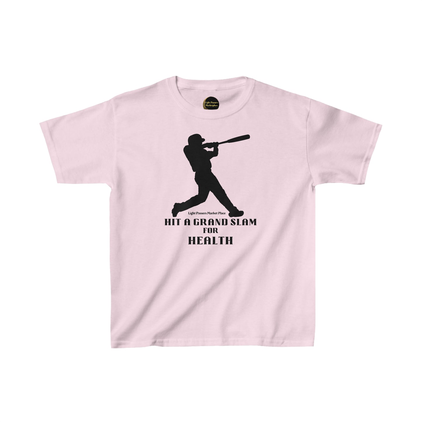 A youth t-shirt featuring a black silhouette of a baseball player, made of 100% cotton for solid colors, with twill tape shoulders for durability and curl-resistant collar.