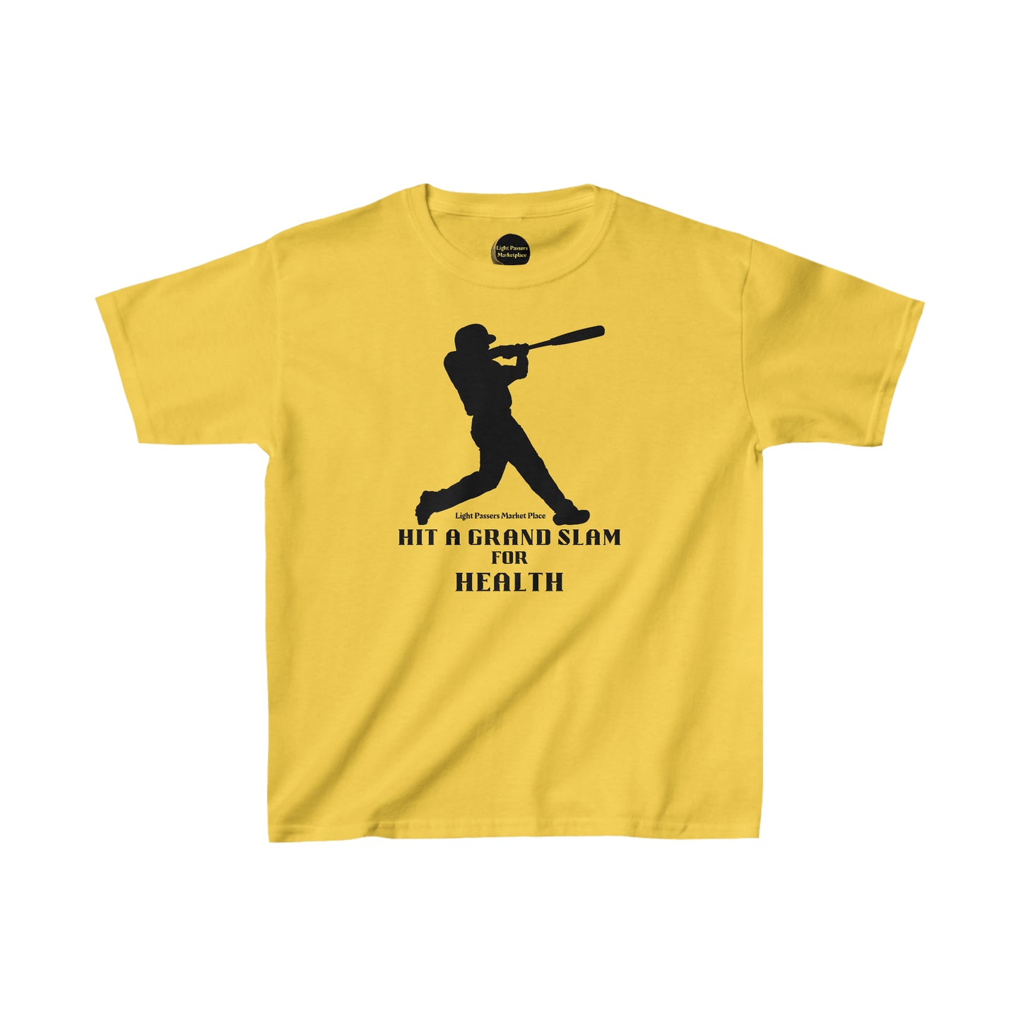A yellow youth t-shirt featuring a black silhouette of a baseball player swinging a bat. Made of 100% cotton, with twill tape shoulders for durability and a curl-resistant ribbed collar.