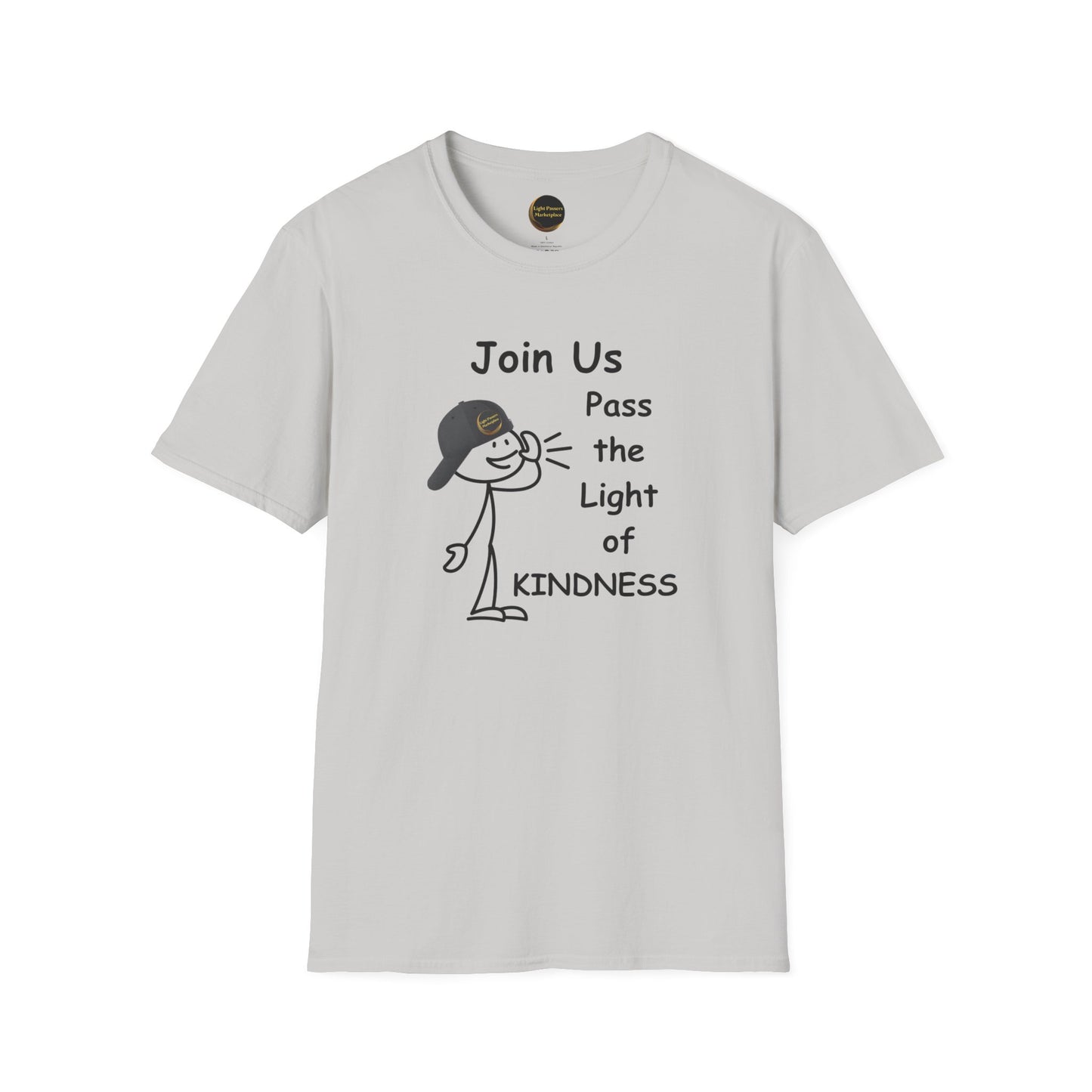 A white unisex t-shirt featuring a cartoon character with a hat. Made of soft 100% cotton, with twill tape shoulders for durability and a ribbed collar. Lightweight and versatile for year-round wear.