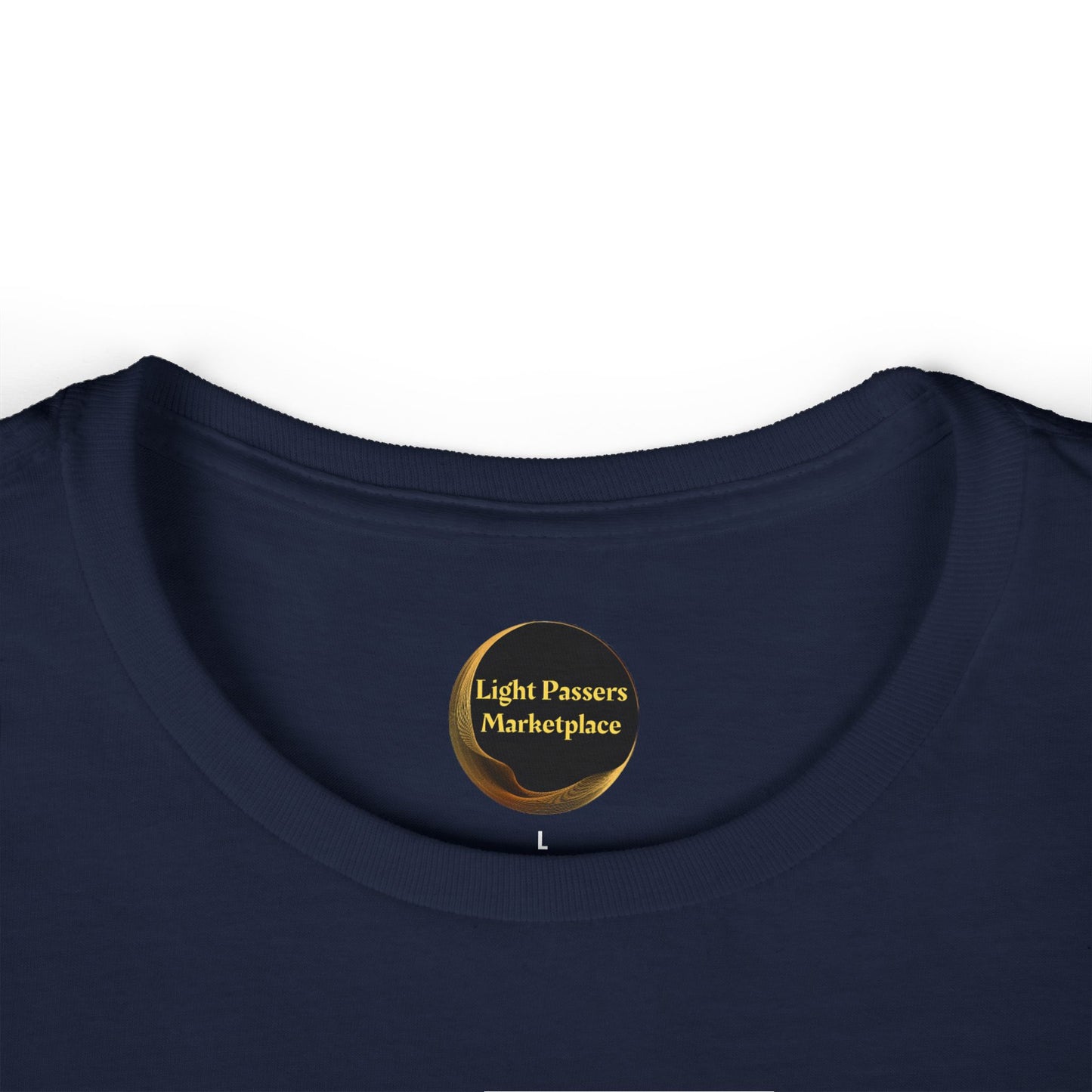 Navy-blue crew-neck T-shirt with Light Passers Marketplace label, size L, showcasing the Women's Tee - Magical Unicorn Stretch for Health design.