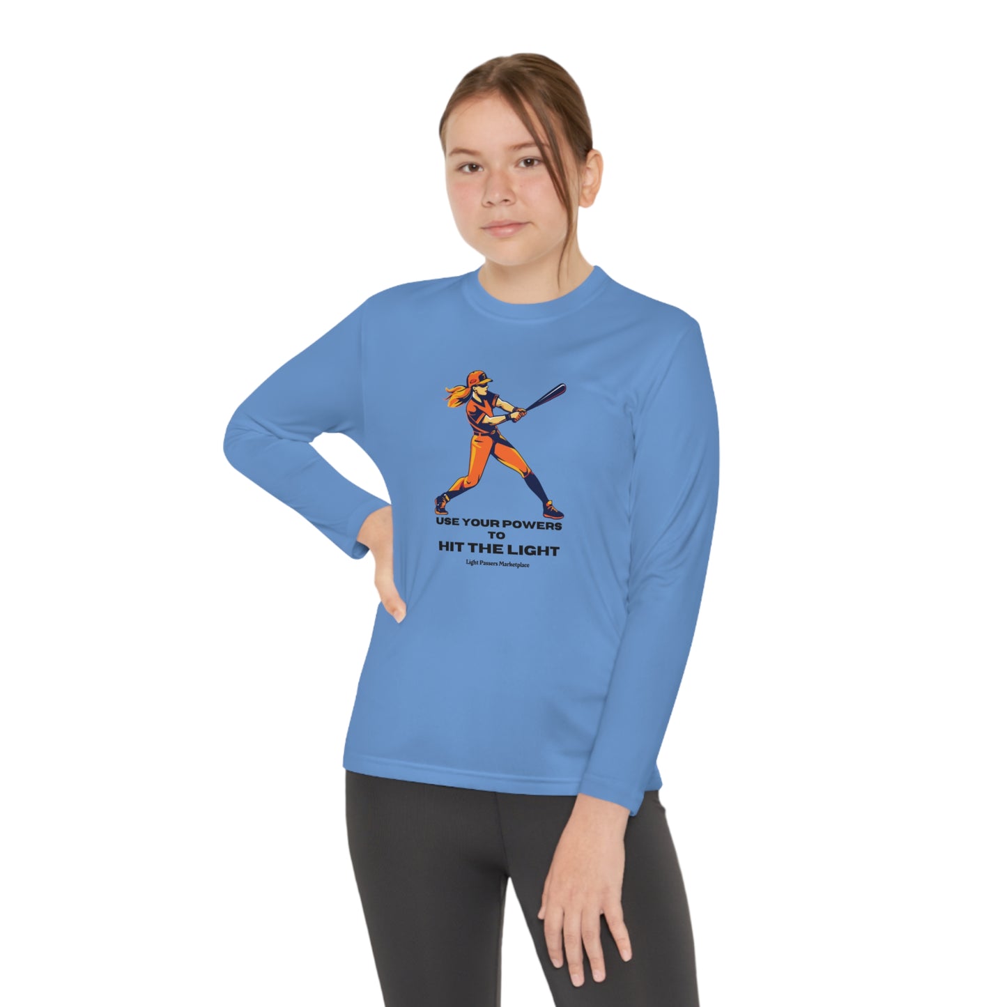 A girl swings a baseball bat in a Sport-Tek PosiCharge ® Competitor™ tee, a moisture-wicking polyester long sleeve t-shirt for active kids.