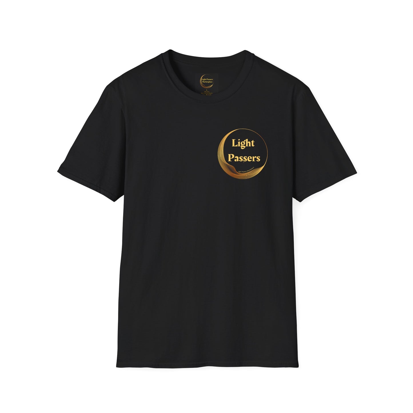 A black unisex t-shirt featuring a logo on the front and back. Made of 100% cotton with a classic fit and tear-away label for comfort. Ideal for casual fashion with premium printing quality.
