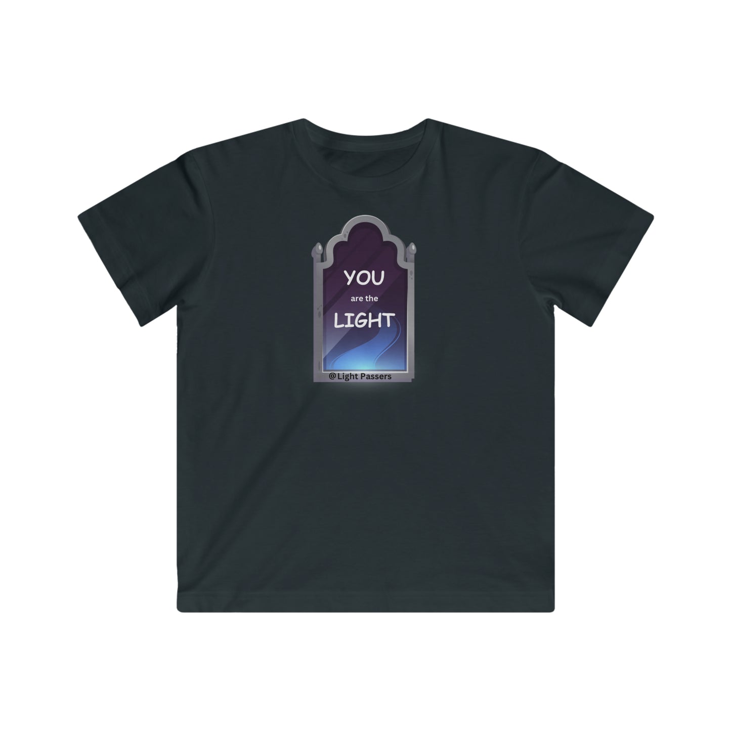 Youth black shirt featuring a phone graphic, embodying a playful vibe. Made of soft jersey fabric, 100% combed ringspun cotton, with a high-quality print. Regular fit and tear-away label.