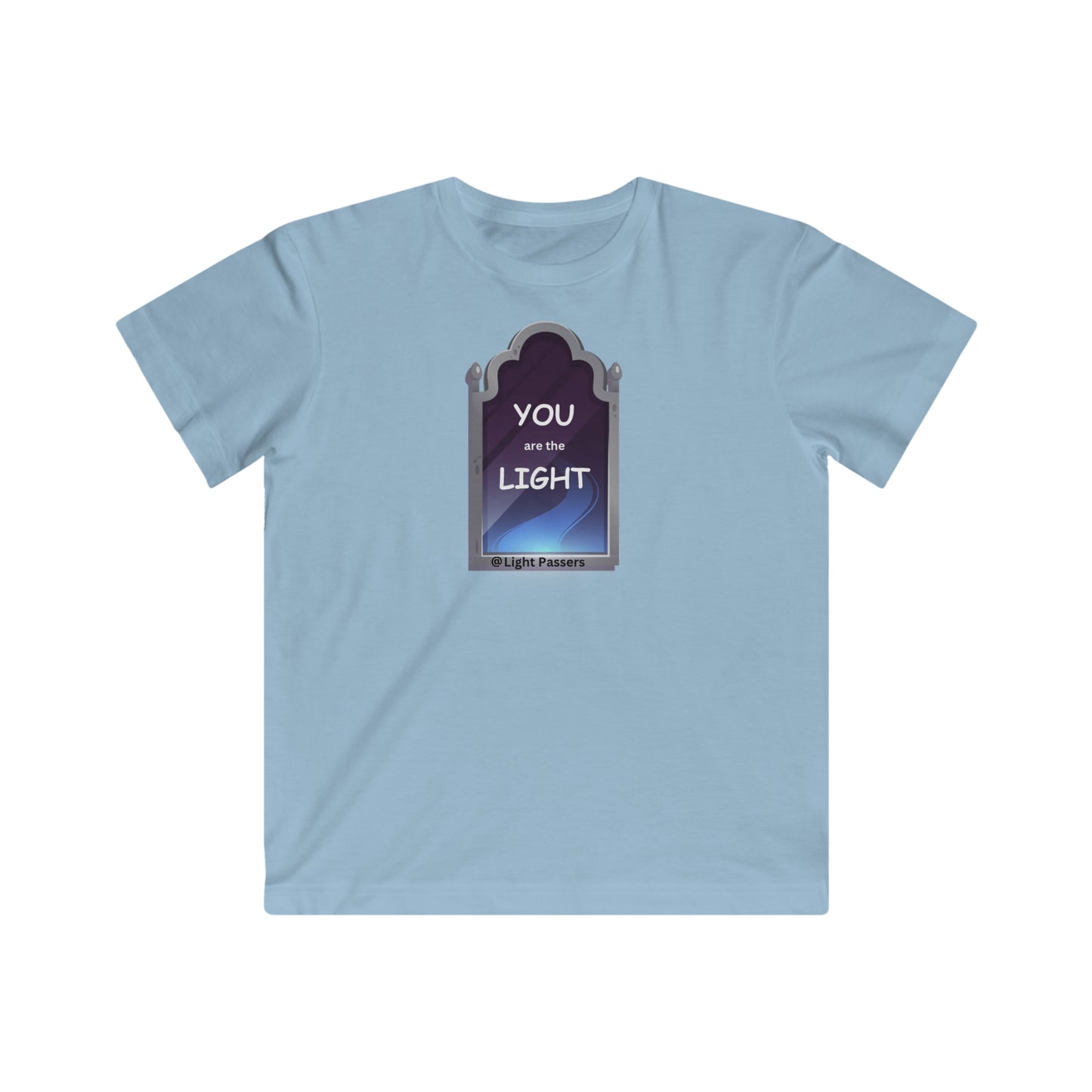 A light blue youth t-shirt featuring a graphic of a shining light. Made of soft, high-quality cotton, regular fit, tear-away label, and suitable for all.