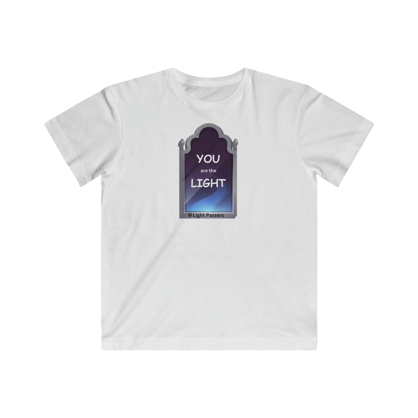 Youth t-shirt featuring a white shirt with a phone graphic and a sign design. Made of soft jersey fabric, 100% combed ringspun cotton, light-weight, tear-away label, and a regular fit.