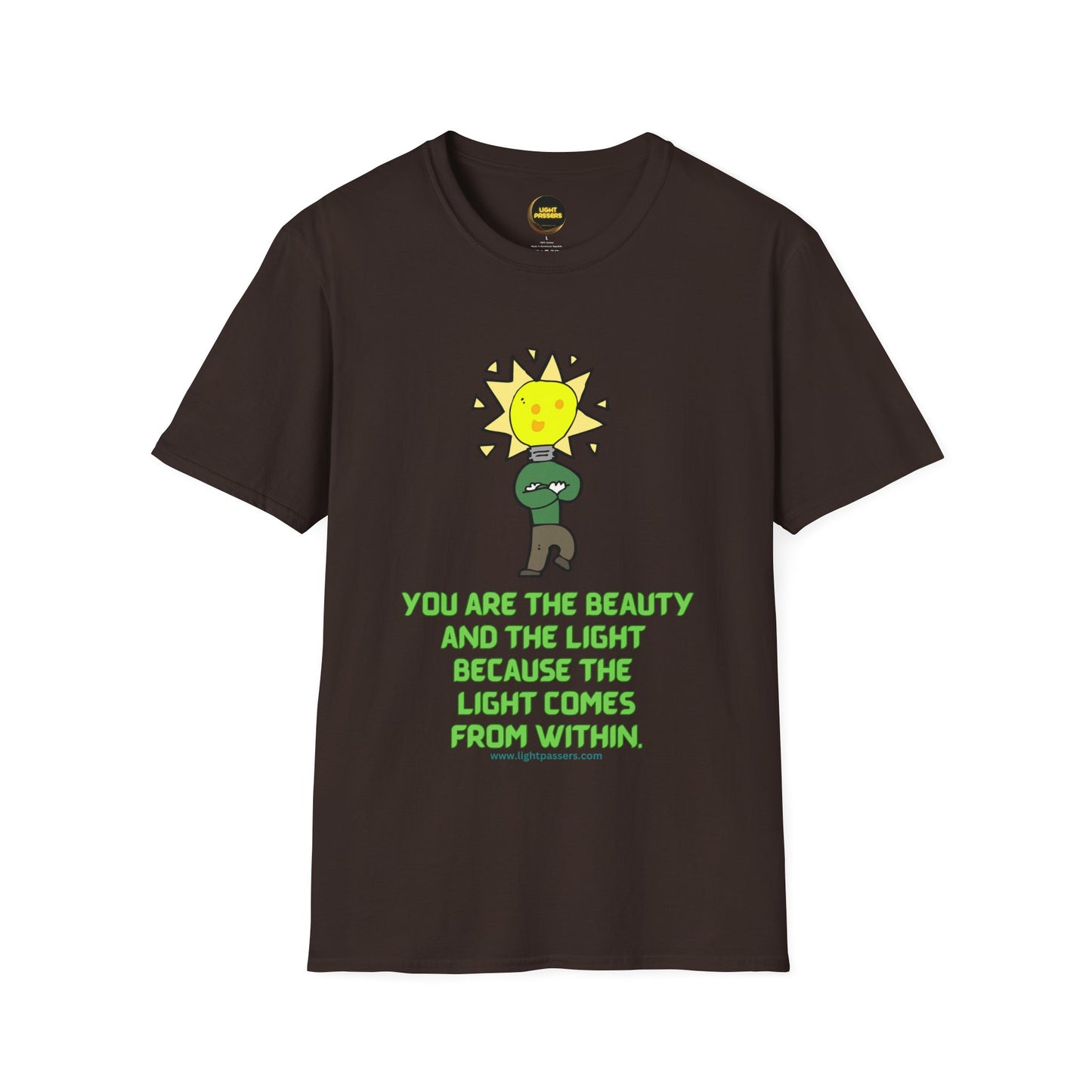 The Light Beauty and The Light Adult Unisex T-Shirt featuring a cartoon character with a light bulb, promoting inner beauty and positivity.