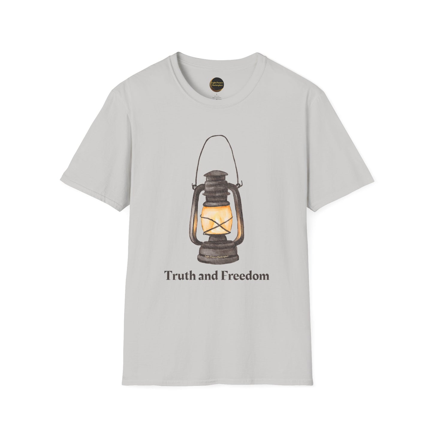 The Light 'Truth and Freedom' Lantern Adult Unisex T-shirt showcasing a vintage lantern design, symbolizing inspiration from Light Passers Marketplace.