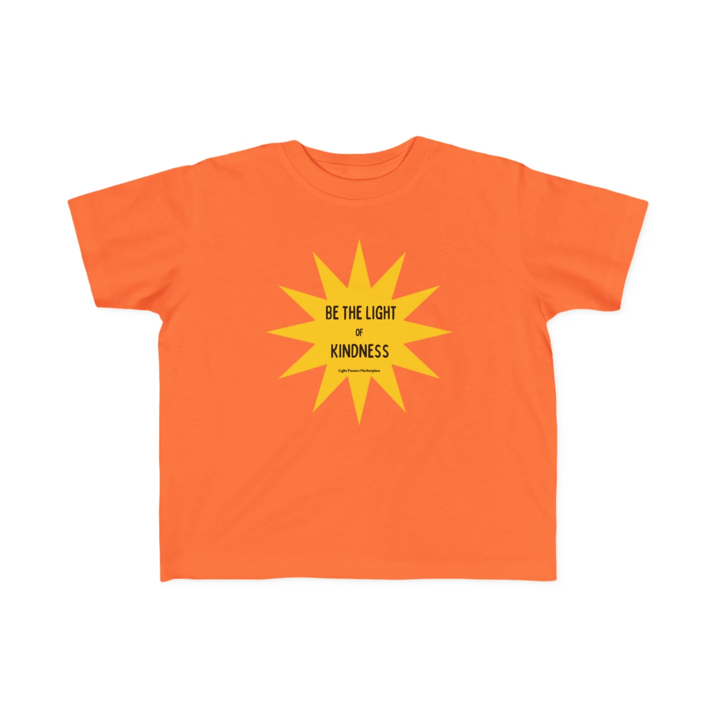 A toddler's tee with a yellow star design and black text, symbolizing kindness. Made of soft, 100% combed cotton, light fabric, and a tear-away label for comfort.