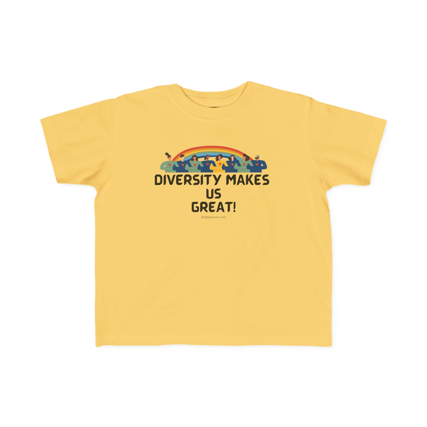 A yellow toddler t-shirt with black text, featuring a group of people. Soft, 100% combed cotton, durable print, tear-away label, classic fit. Ideal for sensitive skin, first adventures.